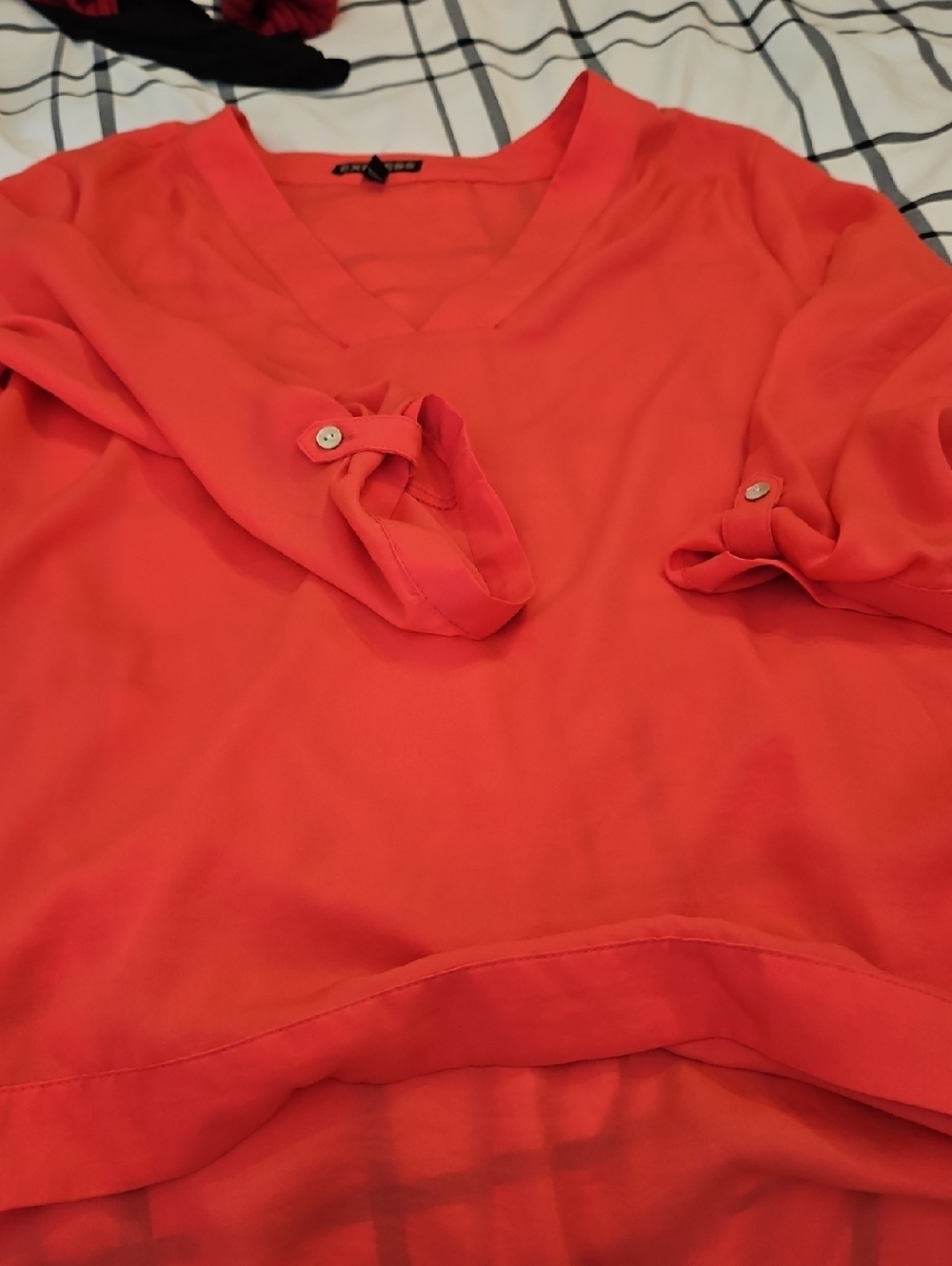 Red V-Neck Roll-Sleeve Women's Blouse.express